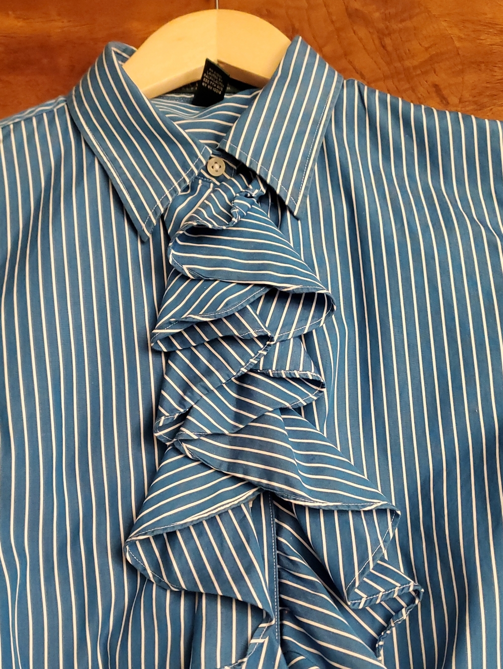 Lauren Ralph Lauren Blue and White Striped Ruffled Front Poet Shirt, Size Large - Picture 2 of 7